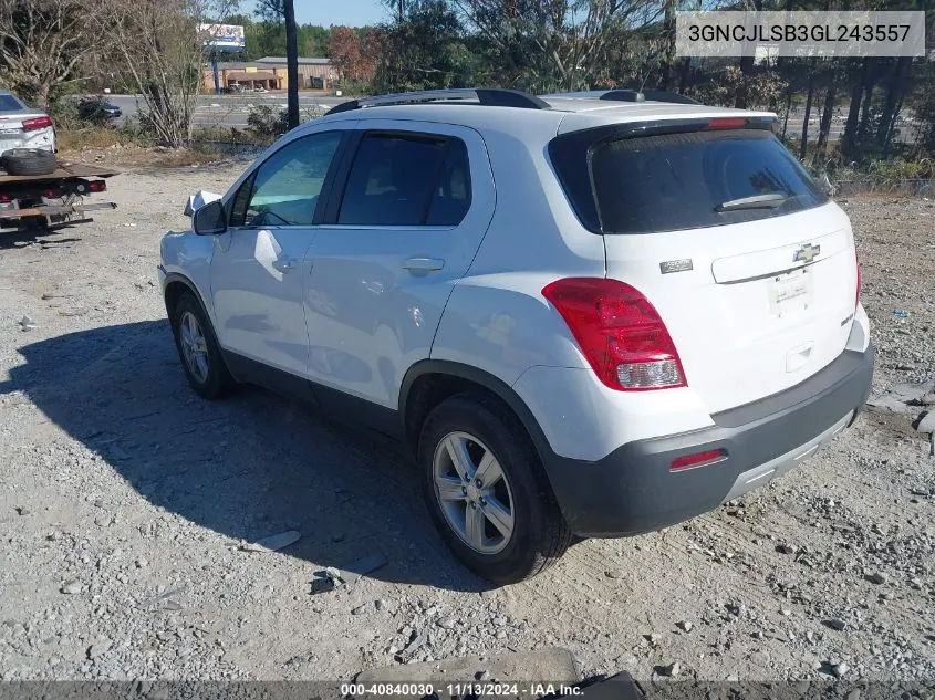 2016 Chevrolet Trax Lt VIN: 3GNCJLSB3GL243557 Lot: 40840030