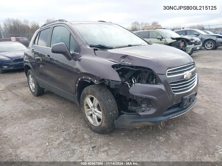 2016 Chevrolet Trax Lt VIN: 3GNCJPSB0GL215125 Lot: 40867550