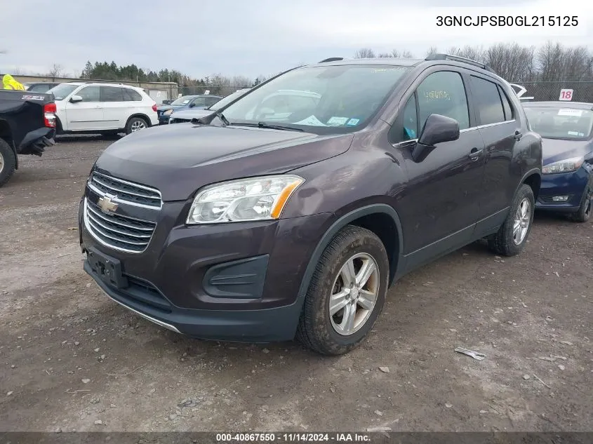 2016 Chevrolet Trax Lt VIN: 3GNCJPSB0GL215125 Lot: 40867550