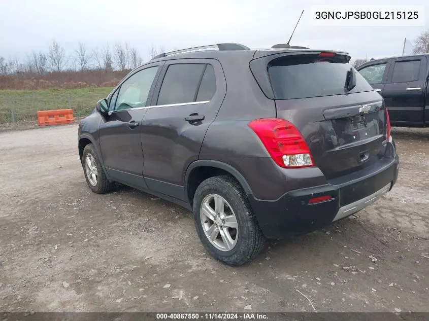 2016 Chevrolet Trax Lt VIN: 3GNCJPSB0GL215125 Lot: 40867550