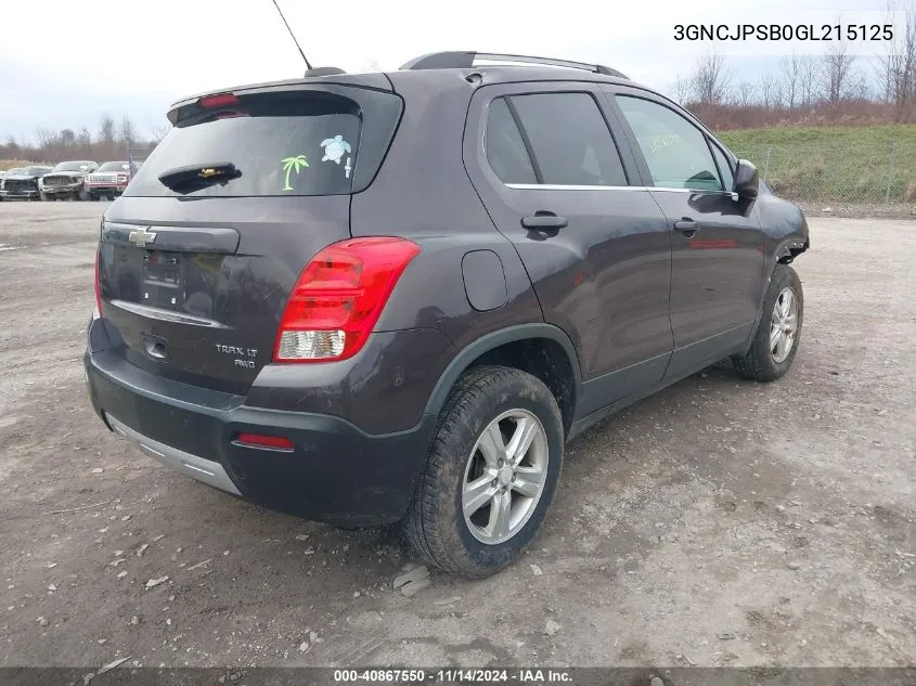 2016 Chevrolet Trax Lt VIN: 3GNCJPSB0GL215125 Lot: 40867550