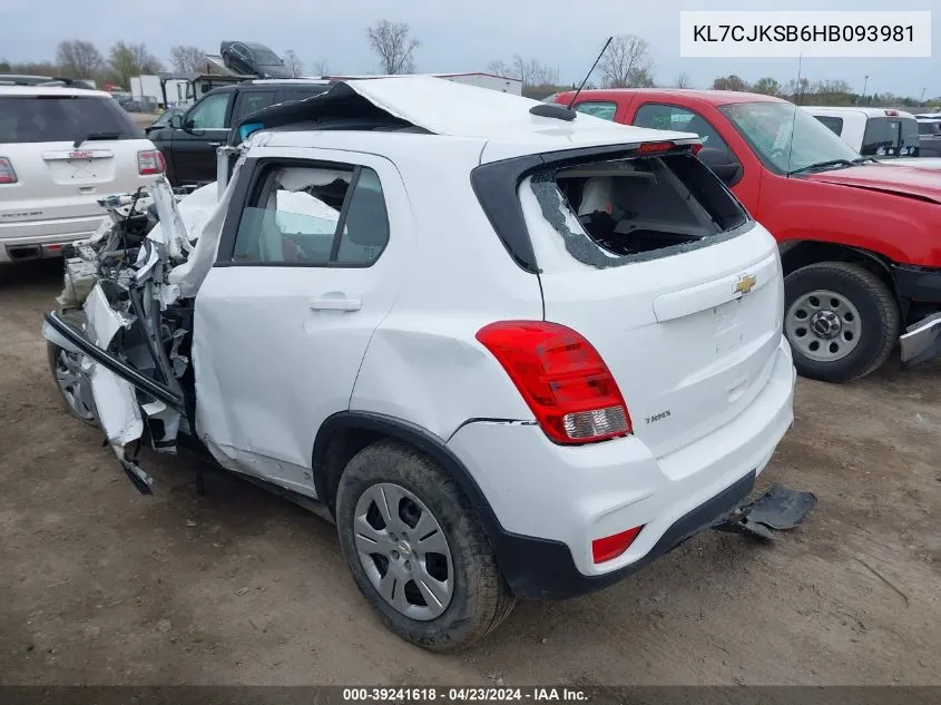 2017 Chevrolet Trax Ls VIN: KL7CJKSB6HB093981 Lot: 39241618