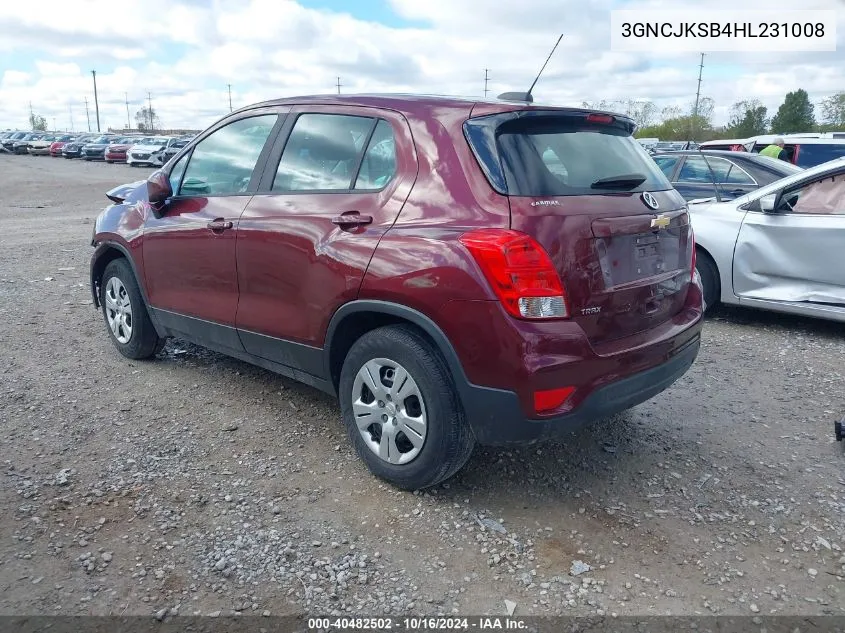 2017 Chevrolet Trax Ls VIN: 3GNCJKSB4HL231008 Lot: 40482502