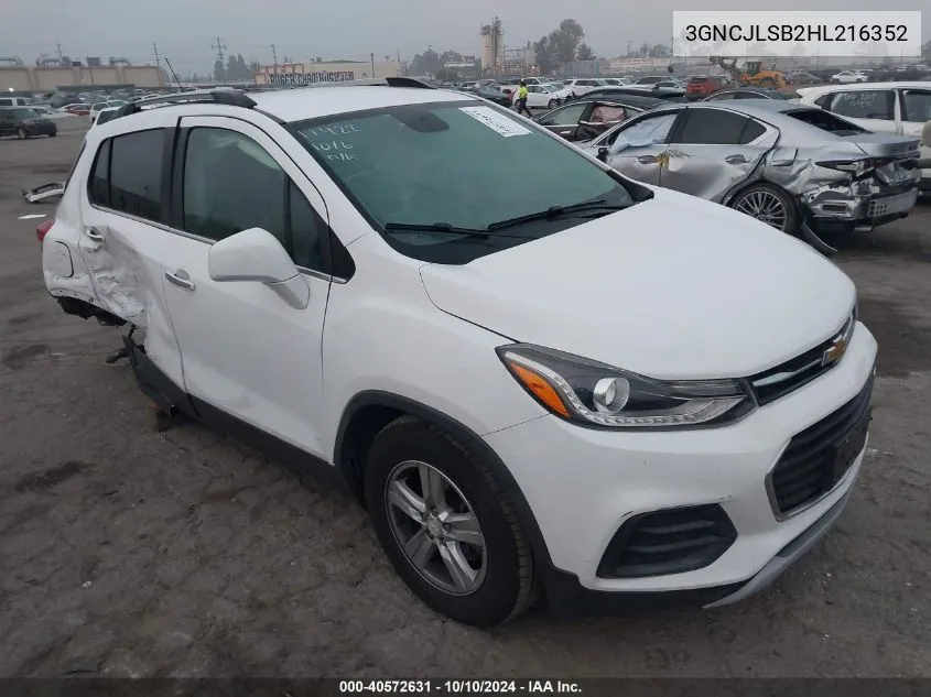 2017 Chevrolet Trax Lt VIN: 3GNCJLSB2HL216352 Lot: 40572631