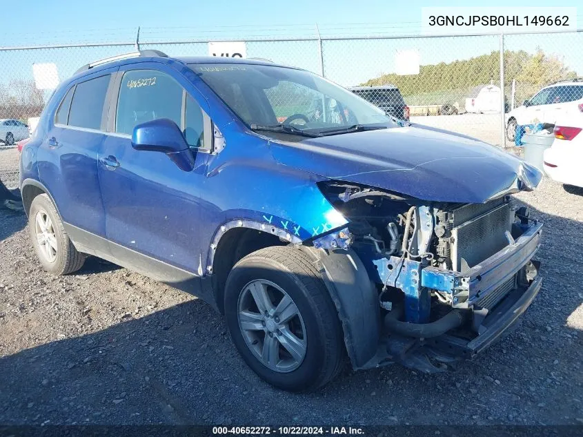 2017 Chevrolet Trax Lt VIN: 3GNCJPSB0HL149662 Lot: 40652272