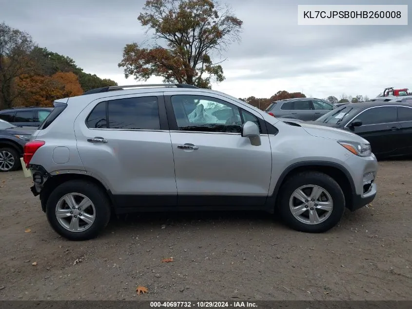 2017 Chevrolet Trax Lt VIN: KL7CJPSB0HB260008 Lot: 40697732