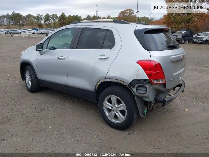 2017 Chevrolet Trax Lt VIN: KL7CJPSB0HB260008 Lot: 40697732