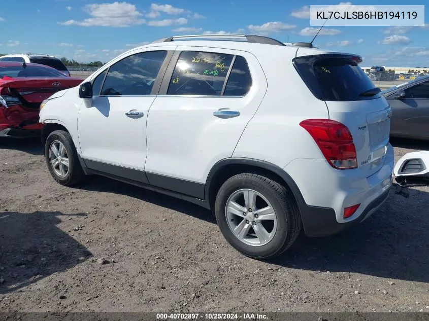 2017 Chevrolet Trax Lt VIN: KL7CJLSB6HB194119 Lot: 40702897