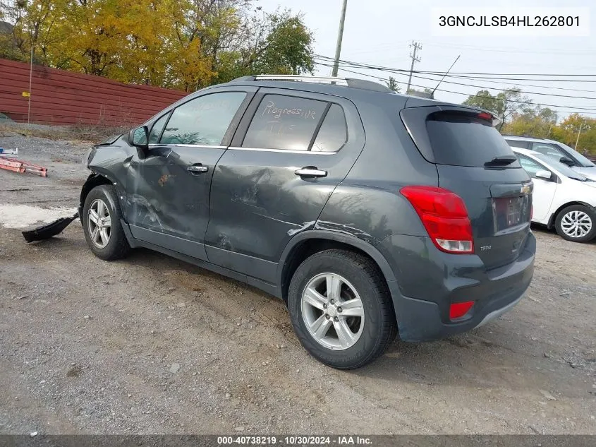 2017 Chevrolet Trax Lt VIN: 3GNCJLSB4HL262801 Lot: 40738219