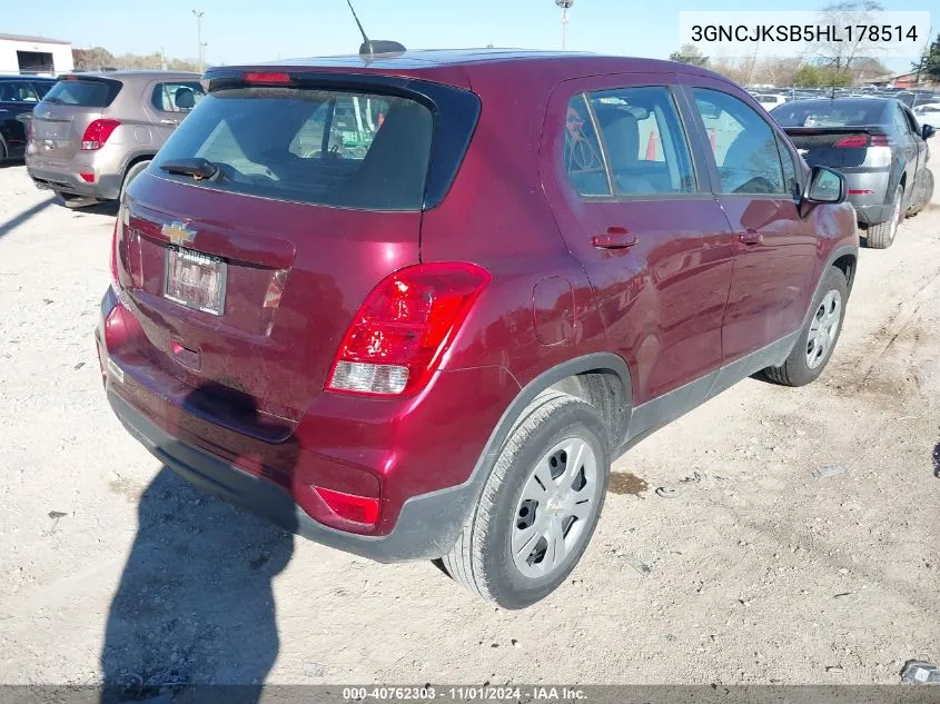 2017 Chevrolet Trax Ls VIN: 3GNCJKSB5HL178514 Lot: 40762303