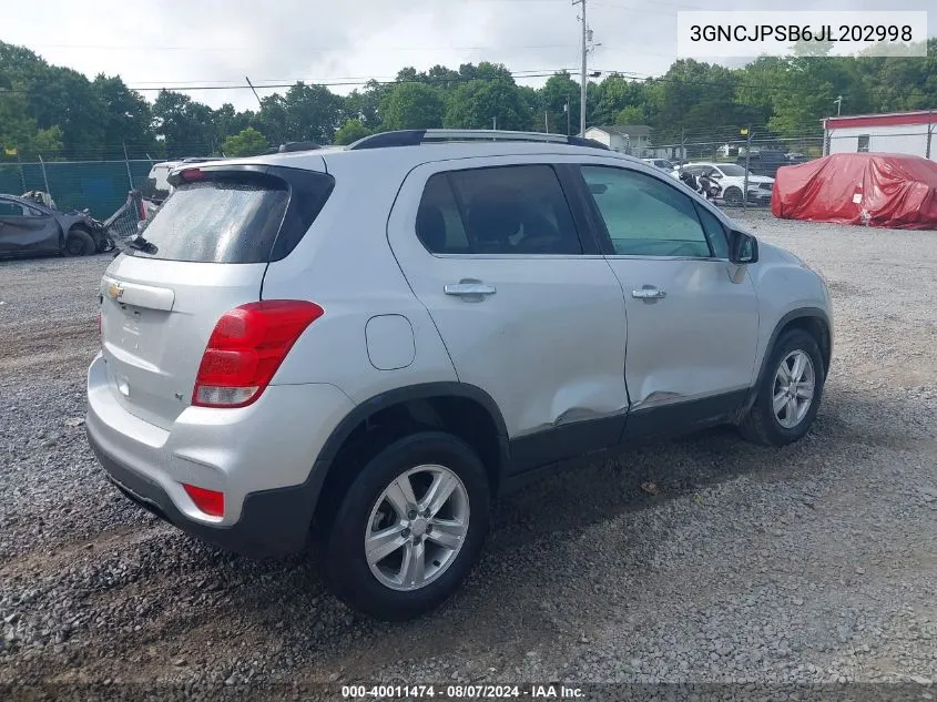 2018 Chevrolet Trax Lt VIN: 3GNCJPSB6JL202998 Lot: 40011474