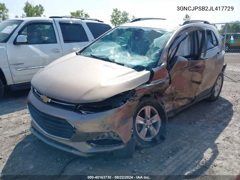 2018 Chevrolet Trax Lt VIN: 3GNCJPSB2JL417729 Lot: 40163730