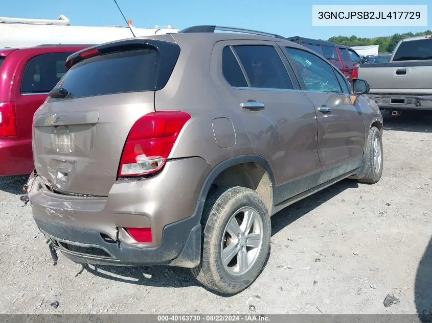 2018 Chevrolet Trax Lt VIN: 3GNCJPSB2JL417729 Lot: 40163730