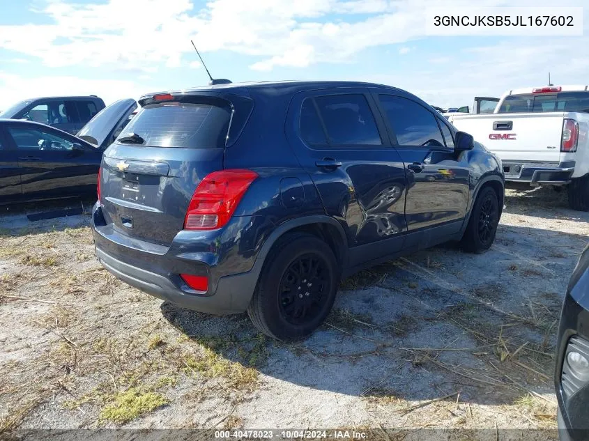 2018 Chevrolet Trax Ls VIN: 3GNCJKSB5JL167602 Lot: 40478023