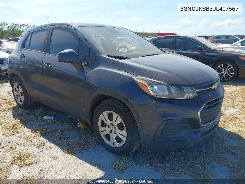 2018 Chevrolet Trax Ls VIN: 3GNCJKSB3JL407567 Lot: 40689488