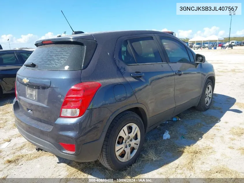 2018 Chevrolet Trax Ls VIN: 3GNCJKSB3JL407567 Lot: 40689488