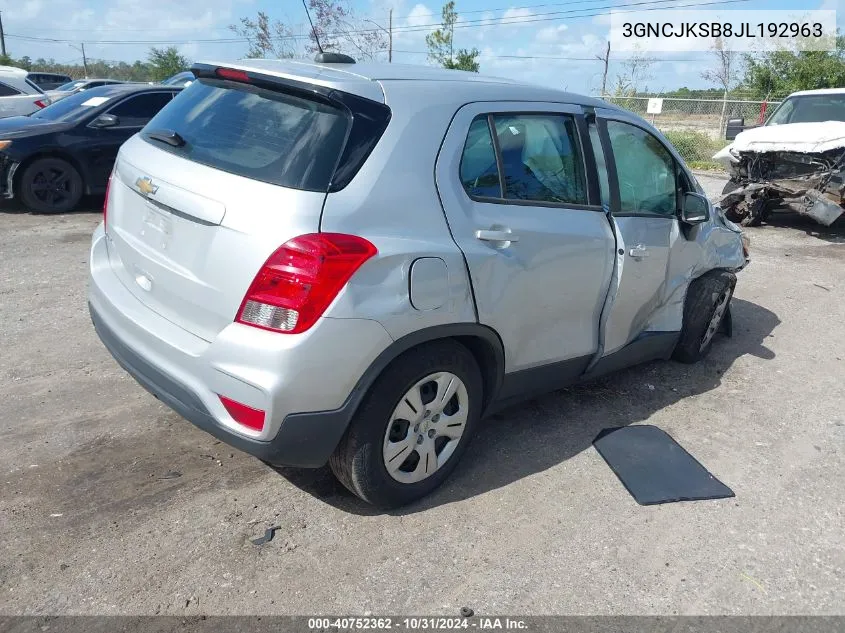 2018 Chevrolet Trax Ls VIN: 3GNCJKSB8JL192963 Lot: 40752362