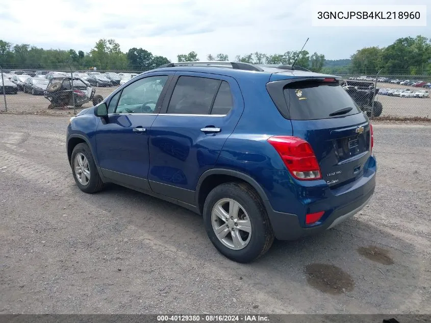 2019 Chevrolet Trax Lt VIN: 3GNCJPSB4KL218960 Lot: 40129380