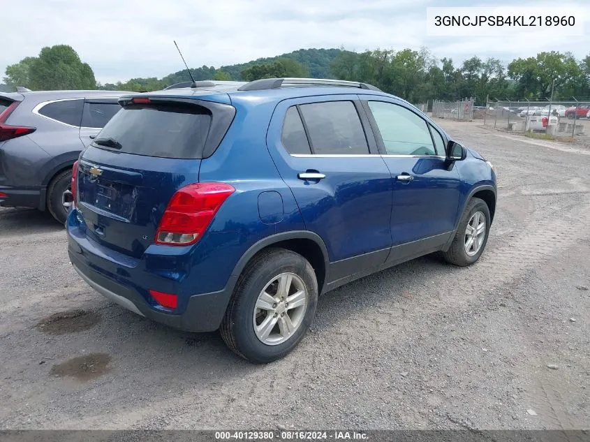 2019 Chevrolet Trax Lt VIN: 3GNCJPSB4KL218960 Lot: 40129380