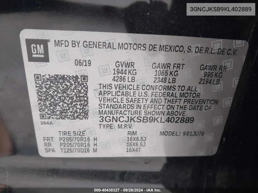 3GNCJKSB9KL402889 2019 Chevrolet Trax Ls