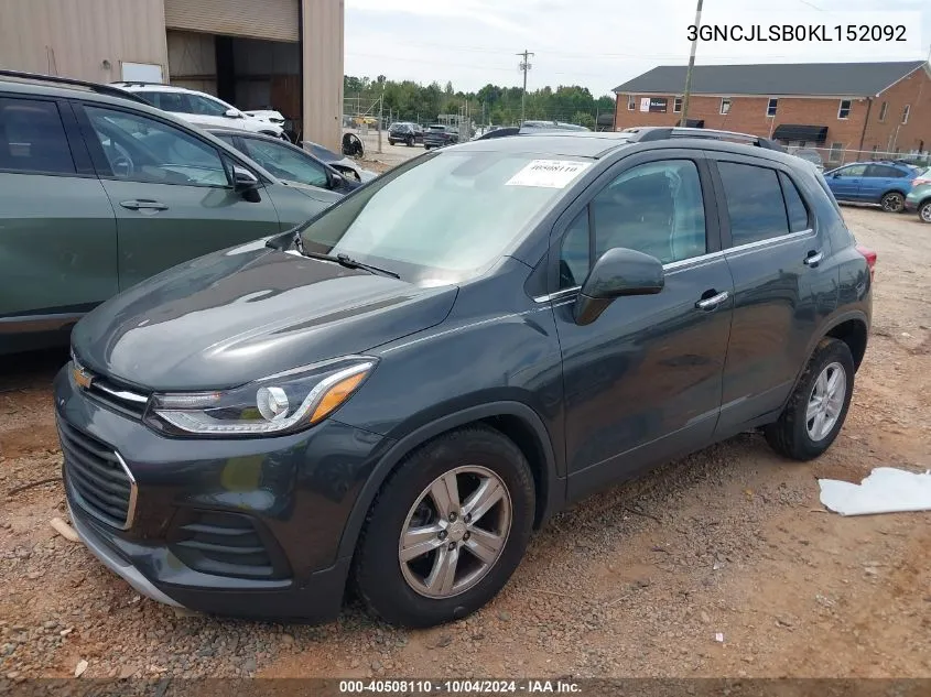 2019 Chevrolet Trax Lt VIN: 3GNCJLSB0KL152092 Lot: 40508110