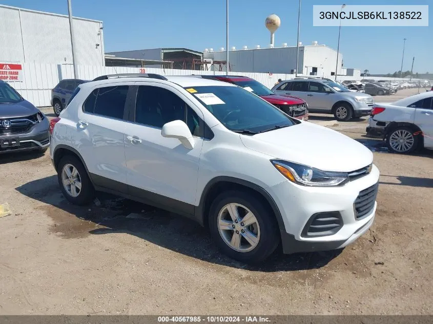 2019 Chevrolet Trax Lt VIN: 3GNCJLSB6KL138522 Lot: 40567985