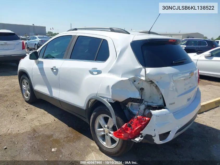 2019 Chevrolet Trax Lt VIN: 3GNCJLSB6KL138522 Lot: 40567985