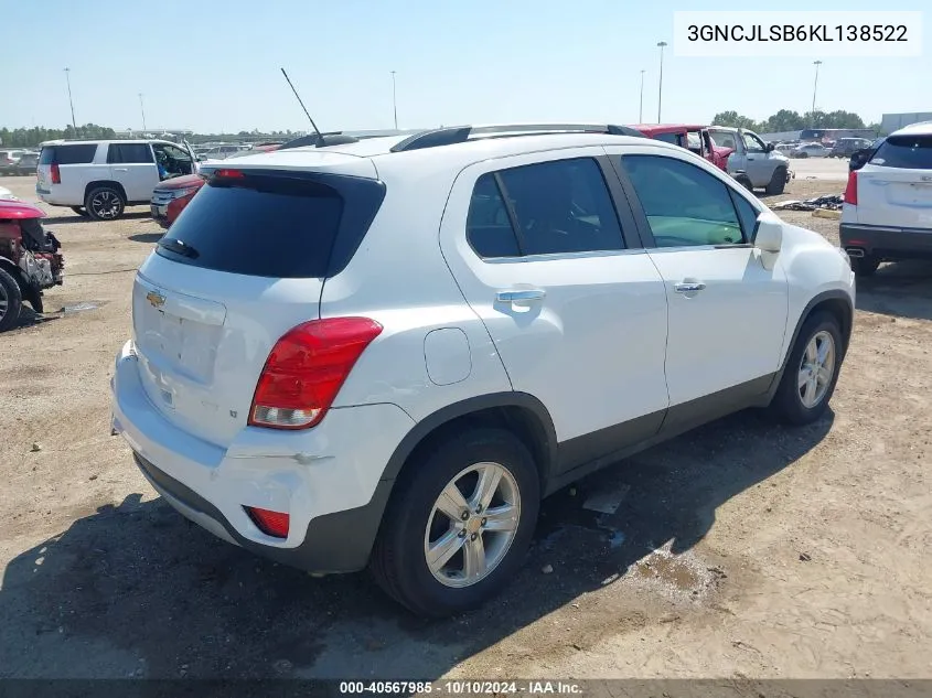 2019 Chevrolet Trax Lt VIN: 3GNCJLSB6KL138522 Lot: 40567985