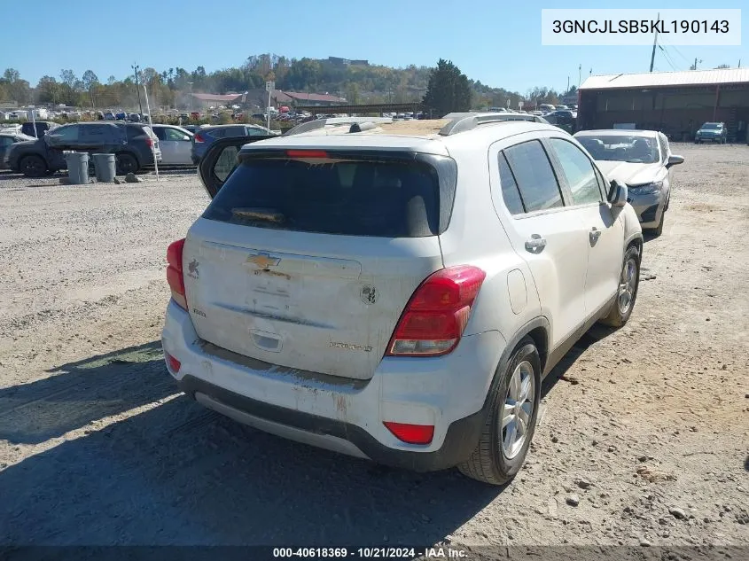 2019 Chevrolet Trax Lt VIN: 3GNCJLSB5KL190143 Lot: 40618369