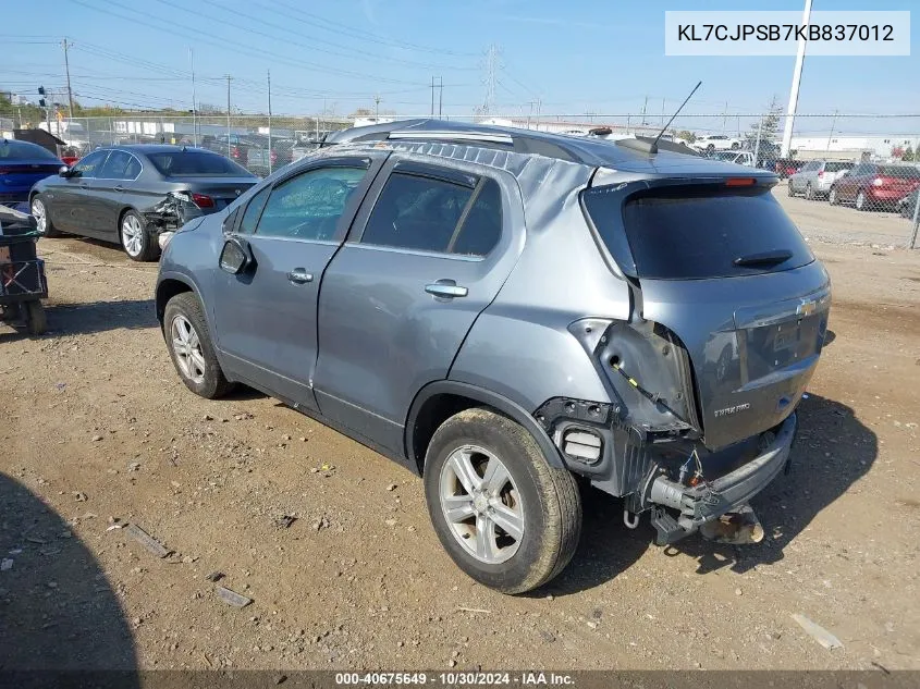 2019 Chevrolet Trax Lt VIN: KL7CJPSB7KB837012 Lot: 40675649