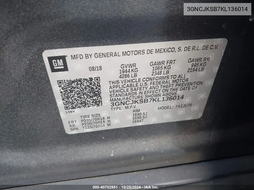 3GNCJKSB7KL136014 2019 Chevrolet Trax Ls