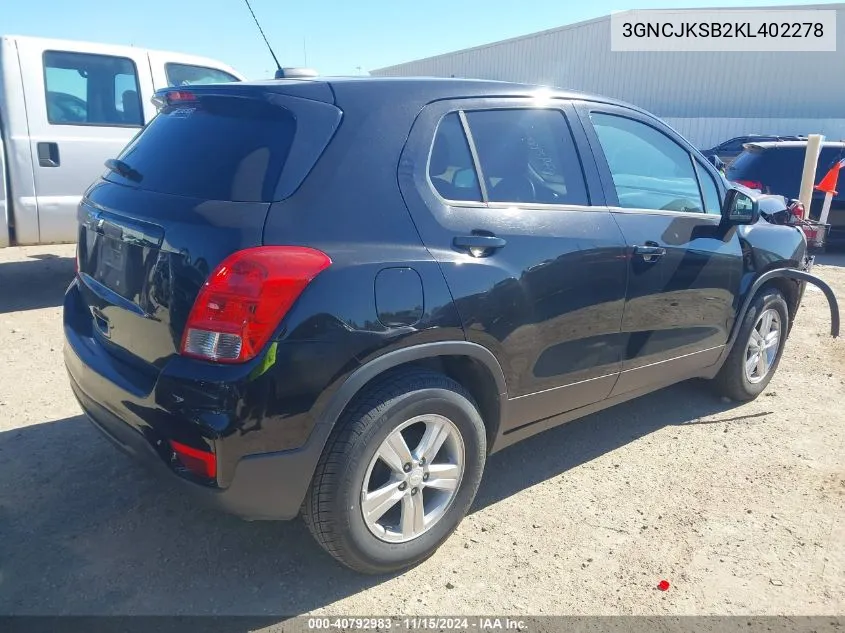 2019 Chevrolet Trax Ls VIN: 3GNCJKSB2KL402278 Lot: 40792983