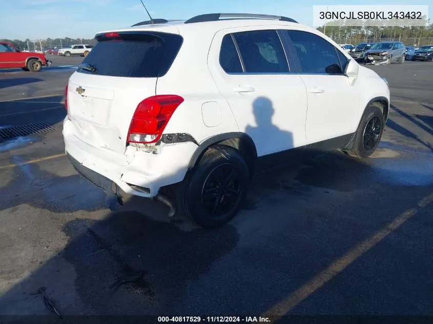 2019 Chevrolet Trax Lt VIN: 3GNCJLSB0KL343432 Lot: 40817529