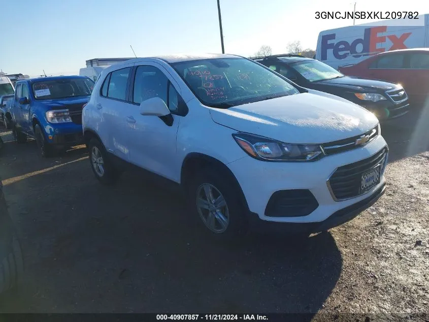 2019 Chevrolet Trax Ls VIN: 3GNCJNSBXKL209782 Lot: 40907857