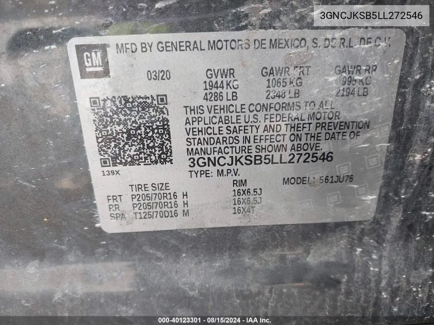 3GNCJKSB5LL272546 2020 Chevrolet Trax Fwd Ls