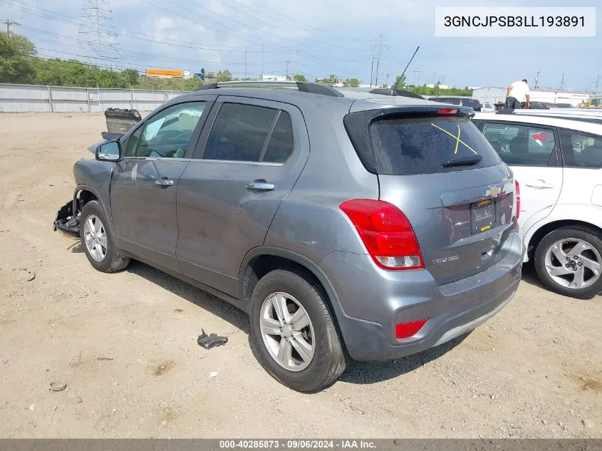 2020 Chevrolet Trax Awd Lt VIN: 3GNCJPSB3LL193891 Lot: 40285873