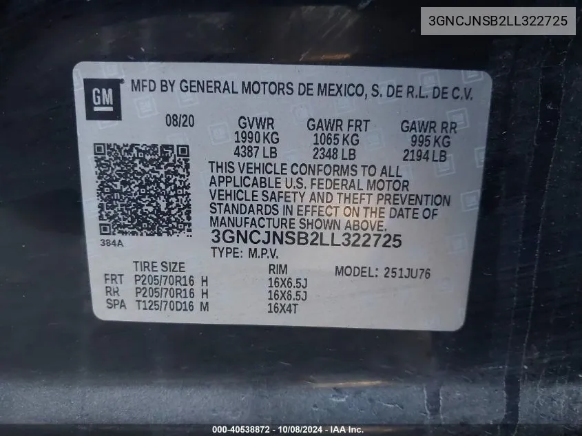 3GNCJNSB2LL322725 2020 Chevrolet Trax Ls