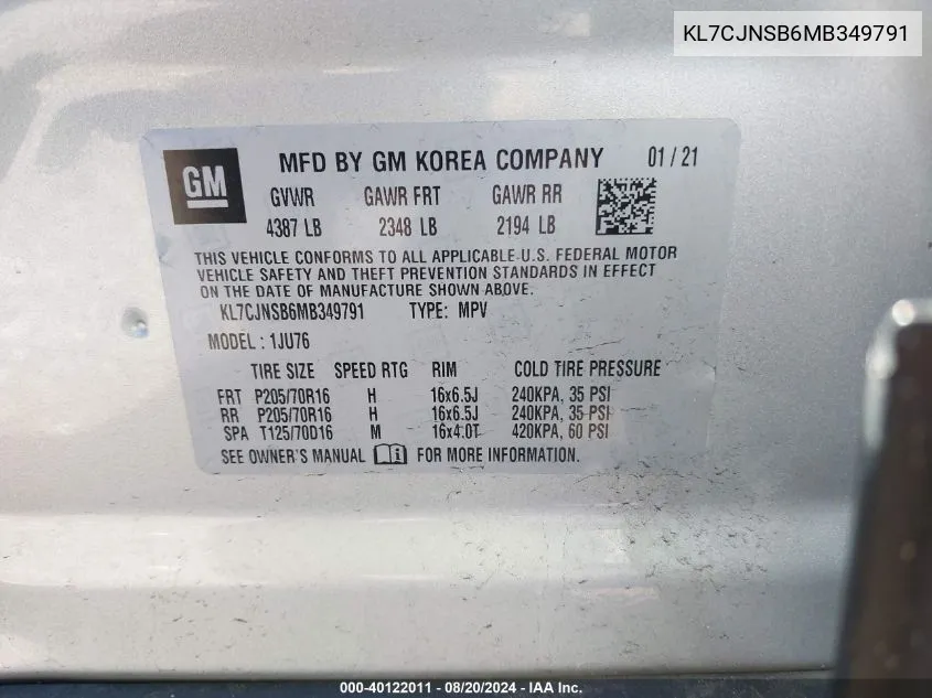 KL7CJNSB6MB349791 2021 Chevrolet Trax Ls