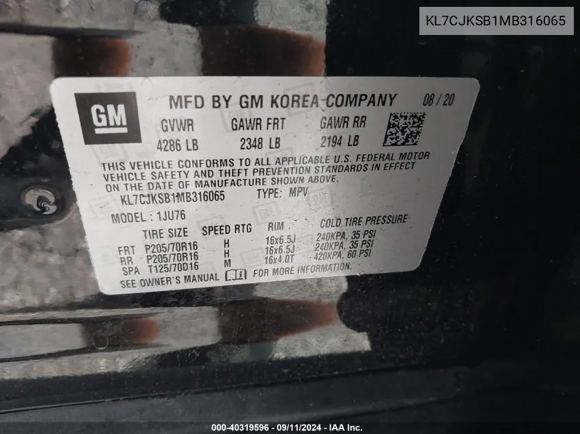 KL7CJKSB1MB316065 2021 Chevrolet Trax Ls