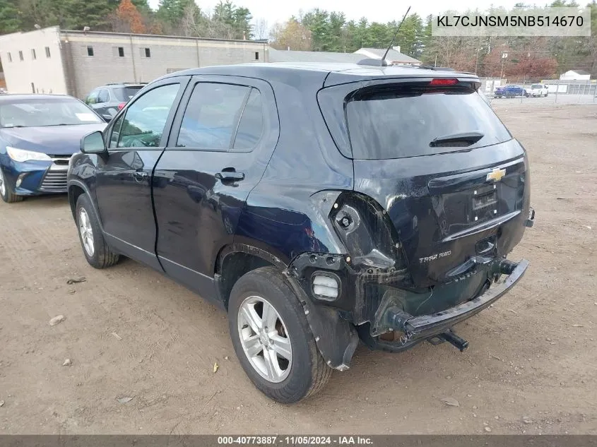 2022 Chevrolet Trax Awd Ls VIN: KL7CJNSM5NB514670 Lot: 40773887