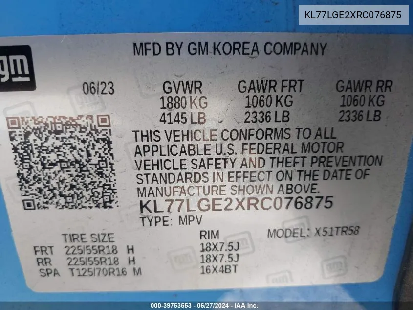 KL77LGE2XRC076875 2024 Chevrolet Trax Fwd 1Rs