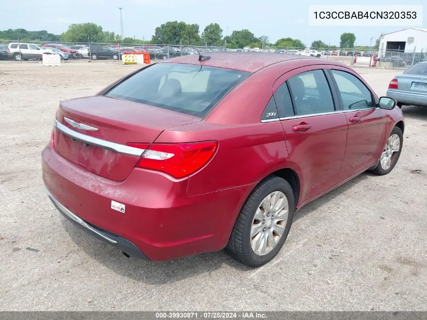 2012 Chrysler 200 Lx VIN: 1C3CCBAB4CN320353 Lot: 39930871