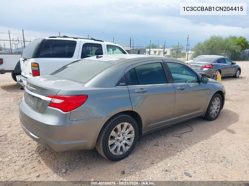 2012 Chrysler 200 Lx VIN: 1C3CCBAB1CN204415 Lot: 40158578