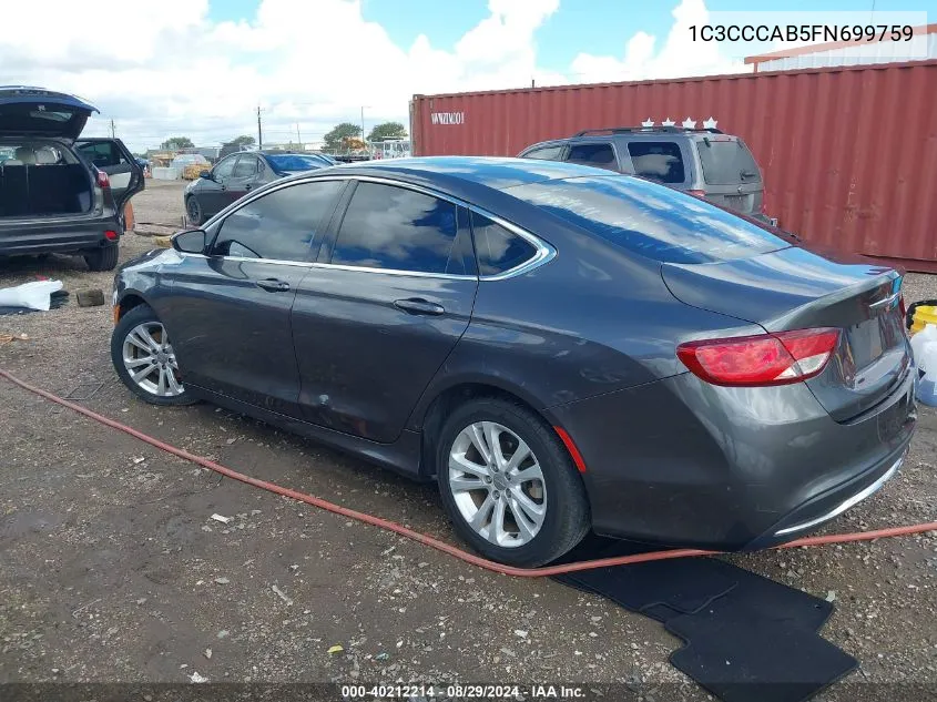 2015 Chrysler 200 Limited VIN: 1C3CCCAB5FN699759 Lot: 40212214