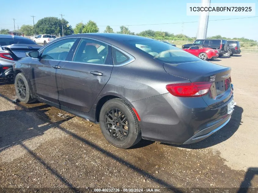 2015 Chrysler 200 Limited VIN: 1C3CCCAB0FN728925 Lot: 40232726