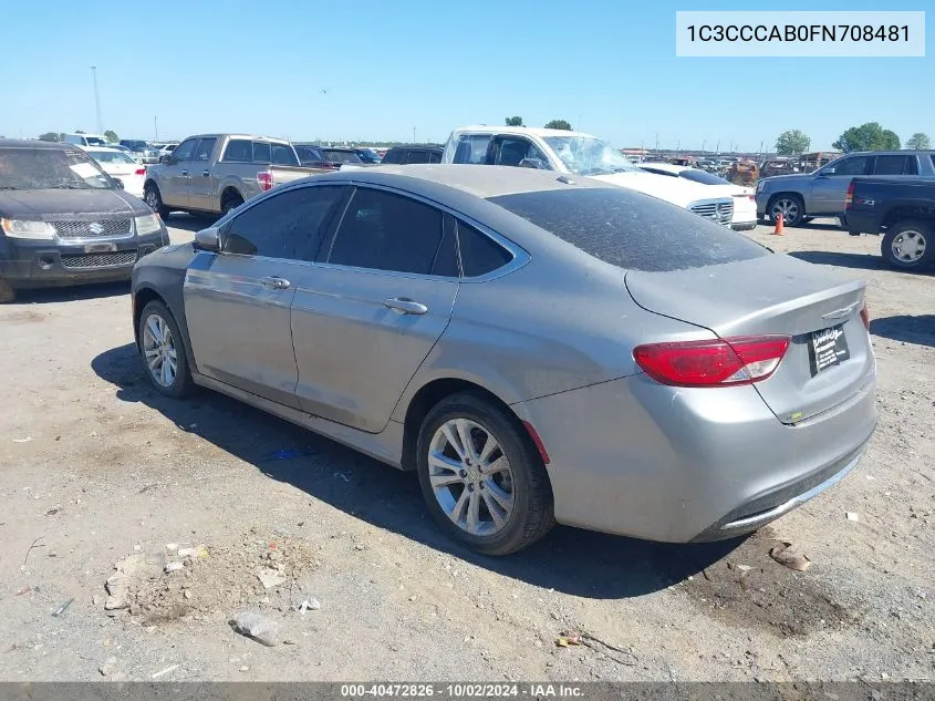 2015 Chrysler 200 Limited VIN: 1C3CCCAB0FN708481 Lot: 40472826