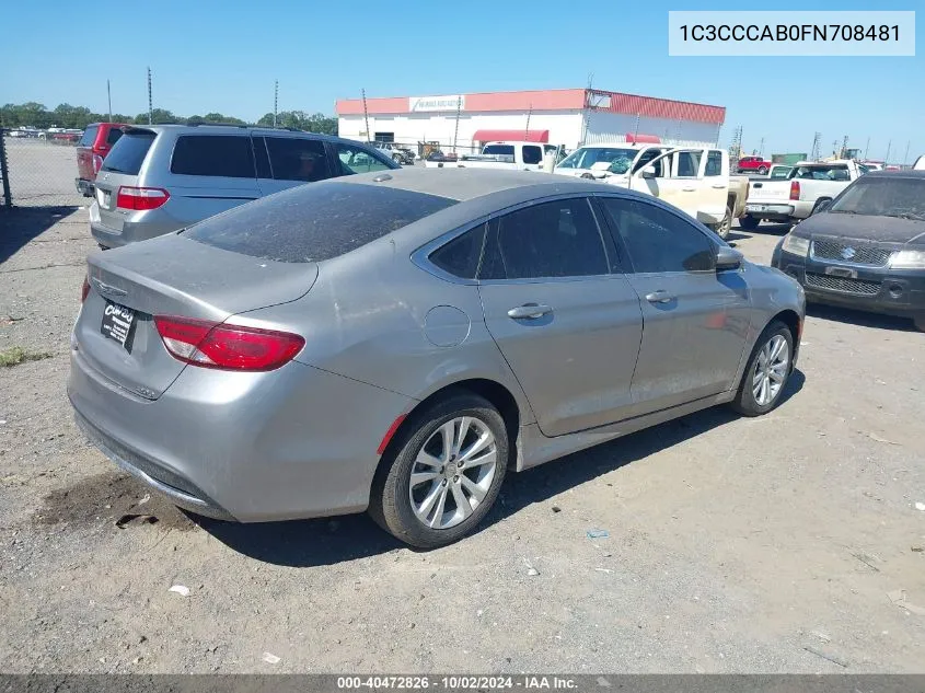 2015 Chrysler 200 Limited VIN: 1C3CCCAB0FN708481 Lot: 40472826