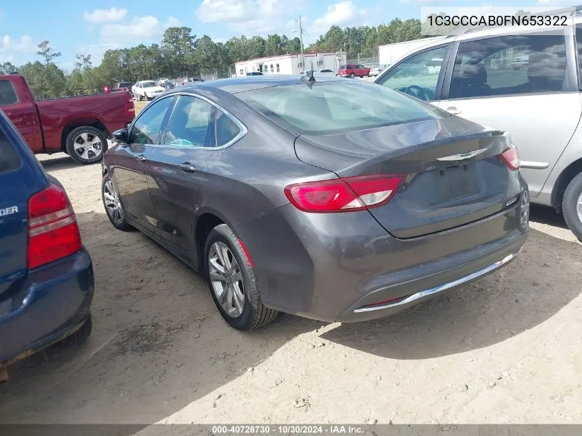 2015 Chrysler 200 Limited VIN: 1C3CCCAB0FN653322 Lot: 40728730