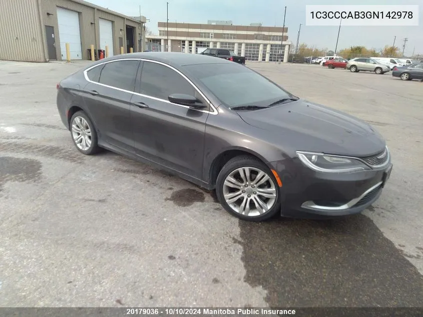 2016 Chrysler 200 S VIN: 1C3CCCAB3GN142978 Lot: 20179036