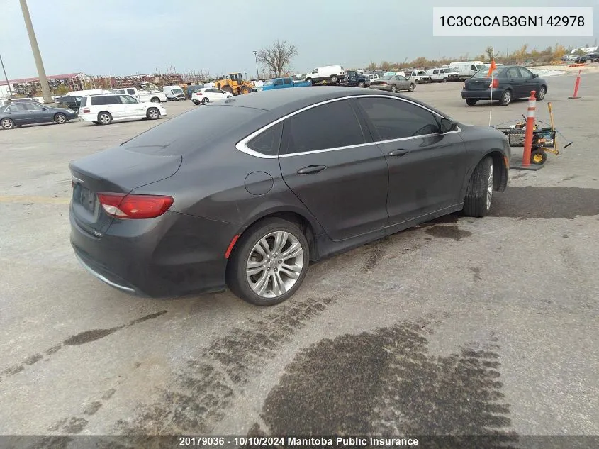 2016 Chrysler 200 S VIN: 1C3CCCAB3GN142978 Lot: 20179036